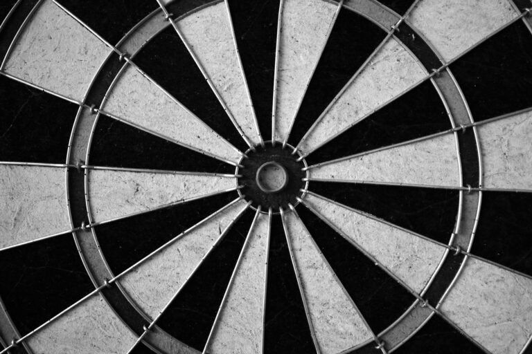 Monochrome image of a dartboard showcasing its geometric patterns in detail.